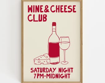 Wine and Cheese Club Print: Hand-Drawn Kitchen Wall Art (Digital Download)