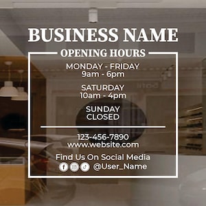 Custom Store Hours Vinyl Decal: Business Window Sign