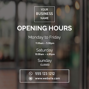 Custom Store Hours Vinyl Decal: Business Window Sign