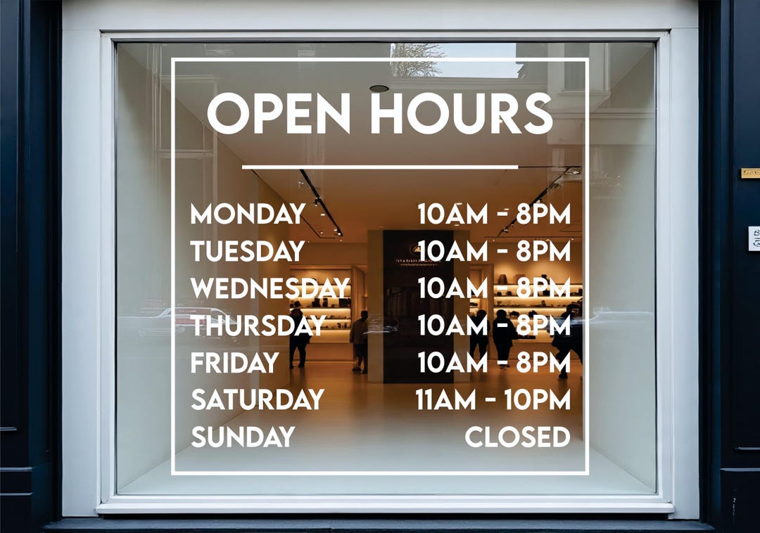 Custom Store Hours Decal | Business Hours Window Sticker | Shop Door ...