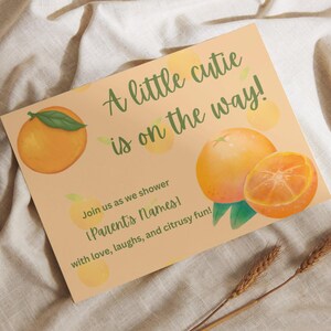 Little Cutie Baby Shower Invitation | Orange Citrus Theme | Editable Canva Template | 5x7 Digital Download | Gender Neutral Invite