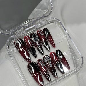 Baddie press on nails /red and black press on nails /vampire press on nails /bling baddie nails /handmade designer /salon quality