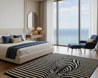 Tappeto di lusso con stampa zebrata - Tappeto in lana nero e beige annodato a mano / Motivo artistico con animali / Tappeto moderno per soggiorno o camera da letto.
