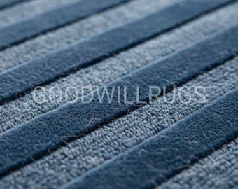 May include: Close-up of a blue and gray striped rug. The rug features alternating stripes of a textured gray material and raised, plush blue stripes. The text "GOODWILLRUGS" is visible on the rug.