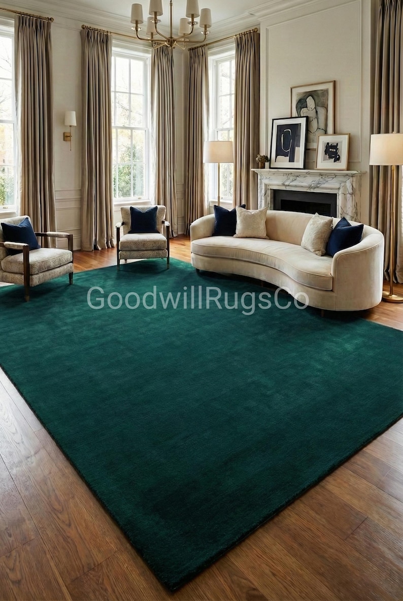 Handmade Deep Emerald Green Wool Tufted Rug, Large Solid Teal Area ...