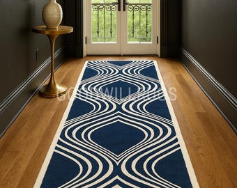 3×14ft Modern Navy Blue & Ivory Geometric Runner Rug | Hand-Tufted Wool Hallway Carpet | Long Runner for Entryway, or Living Room Decor