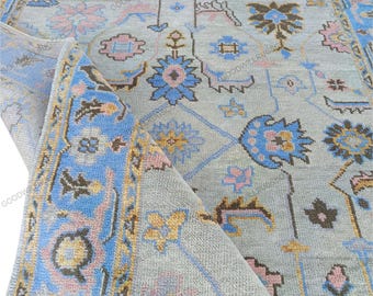Hand-Knotted Oushak Wool Rug: Soft Blue, Pink & Beige Vintage Style