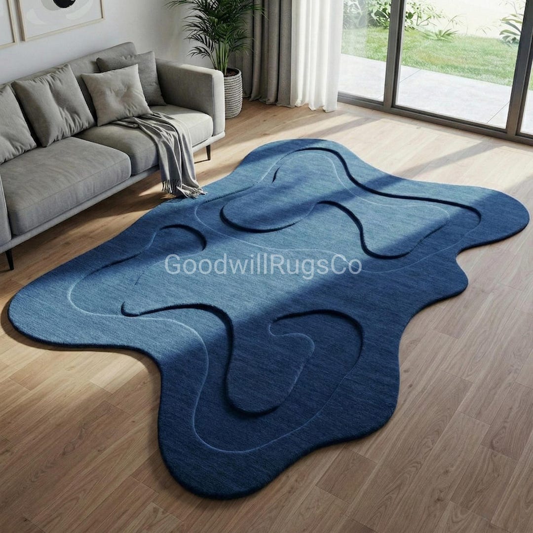 7×10ft Handmade Blue Tufted Rug, Irregular Cloud Shape Area Rug, Custom ...