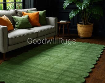8×10ft Green Scalloped Rug, Tufted Checkerboard Area Rug, Wavy Edge Carpet, Funky Aesthetic Living Room Decor, Handmade Wool Rug 9×12ft.