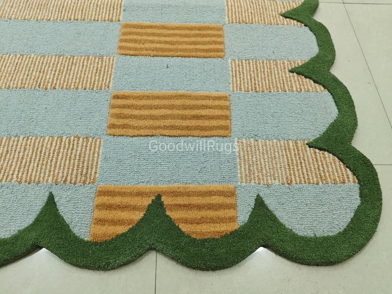 Matilda Goad Rug 8x10ft Matilda Goad Blue Tufted Wool Rug – Handmade Scalloped Area Rug ...