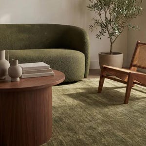 May include: A curved olive green textured sofa, a round wooden coffee table, two beige ceramic vases, a stack of books, a wooden chair with a woven cane back, and a potted olive tree in a beige planter, all arranged on a green area rug.