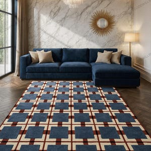 Hand Tufted Blue Geometric Rug Modern Checkered Wool Area Carpet For Living Room Bedroom Mid Century Style Handmade Rug