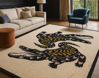 Tapis en laine et crocodile tufté à la main : motif alligator fantaisiste