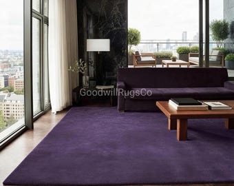 Hand Tufted Deep Plum Wool Rug, Large Modern Purple Area Rug for Living Room, Luxury Dark Amethyst Plush Carpet, Custom Size Rug 10×14/12×15