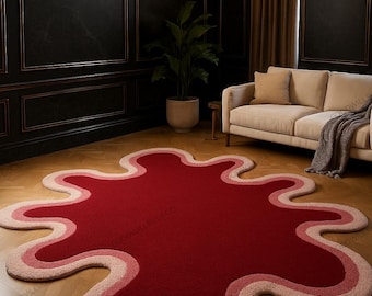 Irregular Tufted Rug Red & Pink Splash Carpet Bold Organic Shape Luxury Handmade Floor Art For Modern Interiors