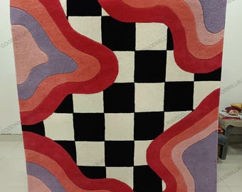 Tufted checkerboard rug 5×8/ modern abstract carpet in Red, Pink & Orange | handmade statement floor art for living room and interior decor.