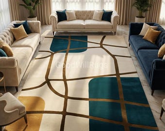 9×12ft Handmade Tufted Wool Rug - Abstract Geometric Mid Century Modern Area Rug - Large Blue & Gold Custom Carpet for Living Room 10×14ft.