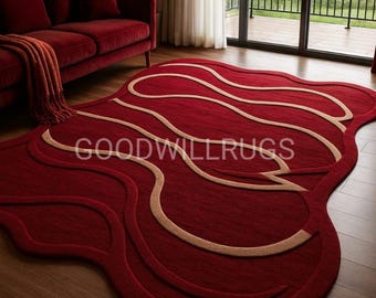 Alfombra abstracta roja hecha a mano de 2,4 x 3 m / Alfombra moderna con forma ondulada / Alfombra de lana de lujo para sala de estar o dormitorio / Decoración única para el hogar