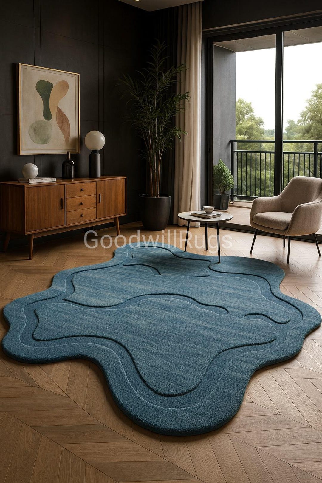 7×10ft Handmade Tufted Blue Abstract Rug, Modern Organic Shape Wool ...