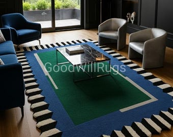 5×8ft Handmade Tufted Tennis Rug - Modern Geometric Border Area Rug - Abstract Green & Blue Wool Carpet - Luxury Custom Home Decor 7×10ft.