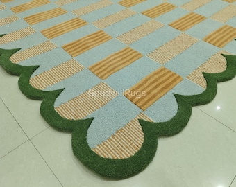 Alfombra de lana con mechones azules Matilda Goad de 2,4 x 3 m: hecha a mano, con diseño festoneado, para dormitorio, sala de estar, oficina, cocina, habitación infantil y entrada.