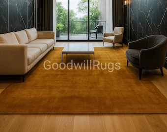 9×12ft Mustard Yellow Hand Tufted Rug, Solid Wool Area Rug for Living Room, Modern Gold Ochre Carpet, Minimalist Bedroom Decor 10×14ft.