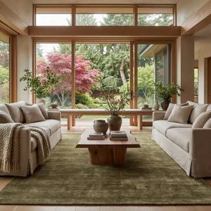 May include: Two beige upholstered sofas with matching throw pillows and a textured throw blanket, positioned on a large olive green area rug. A natural wood coffee table sits in the center, holding two ceramic vases and stacked books.