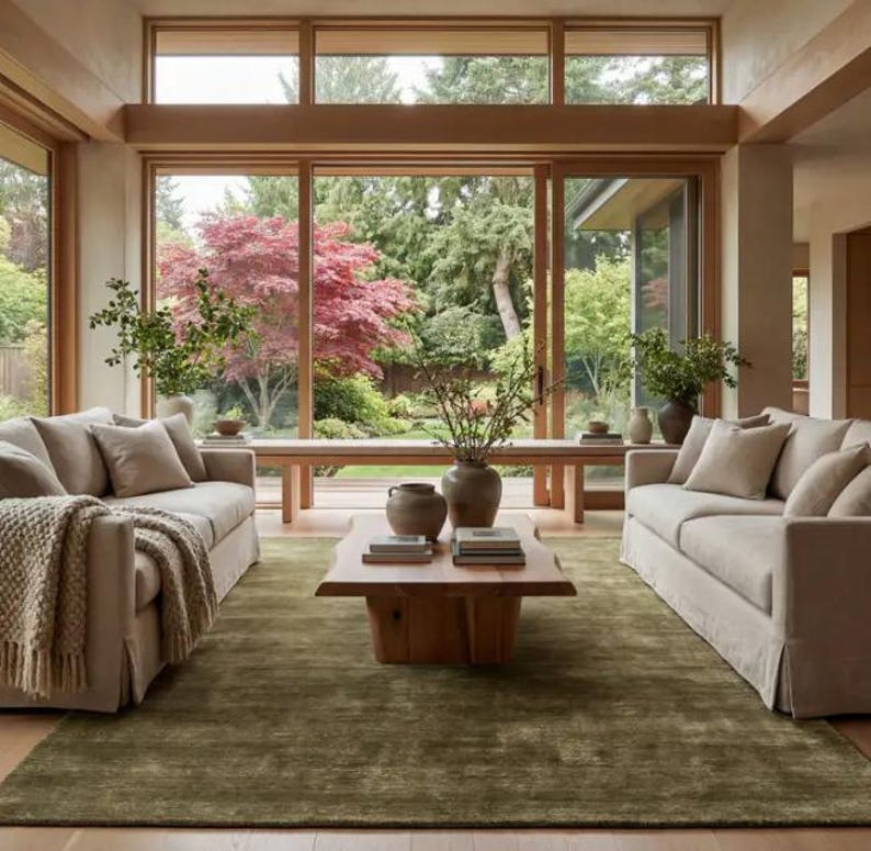 May include: Two beige upholstered sofas with matching throw pillows and a textured throw blanket, positioned on a large olive green area rug. A natural wood coffee table sits in the center, holding two ceramic vases and stacked books.