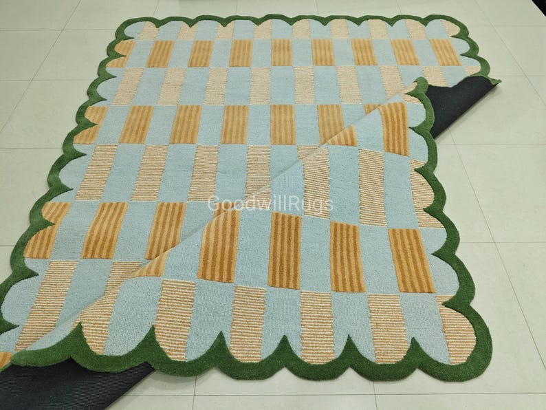 Matilda Goad Rug 8x10ft Matilda Goad Blue Tufted Wool Rug – Handmade Scalloped Area Rug ...