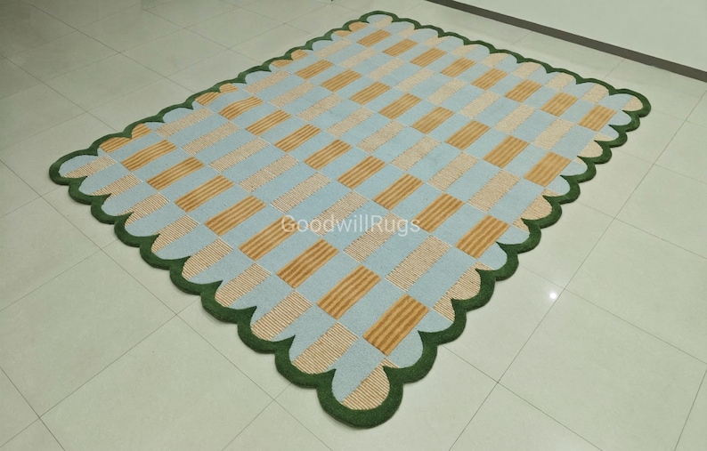 Matilda Goad Rug 8x10ft Matilda Goad Blue Tufted Wool Rug – Handmade Scalloped Area Rug ...