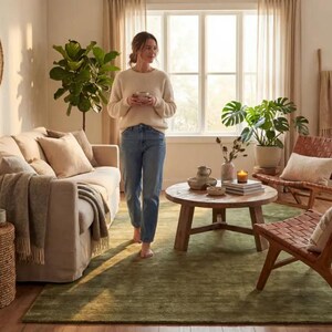 May include: A living room featuring a beige sofa with a textured throw, a round wooden coffee table, and two woven leather chairs. A large green potted plant stands near a window with light curtains, set against a deep green area rug.