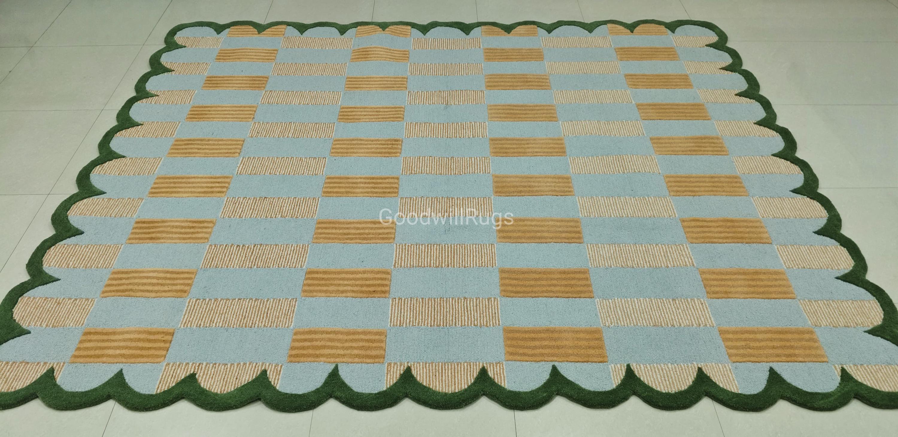 Matilda Goad Rug 8x10ft Matilda Goad Blue Tufted Wool Rug – Handmade Scalloped Area Rug ...
