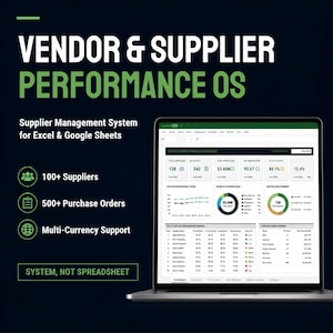 May include: A laptop displaying a Vendor & Supplier Performance OS dashboard for Excel and Google Sheets. The screen shows data tables, charts, and metrics for 100+ suppliers and 500+ purchase orders. Text includes System, Not Spreadsheet.
