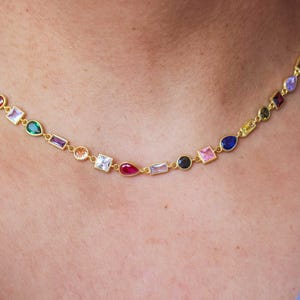 925K Sterling Silver Colorful Baguette Rainbow Gemstone Necklace, Summer Necklace, Layering Choker, Tiny Gemstone Beaded Necklaces