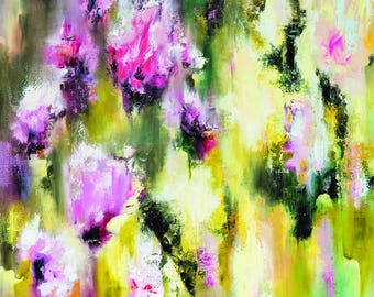 Frühlings-Pfingstrosen - Druck auf Leinwand - Abstraktes Blumenbild, Modernes Impressionistisches Gemälde, Rosa und Grün