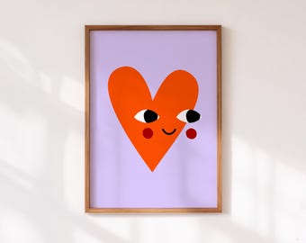 Orange Heart Smiley Face Print, Modern Love Romantic Wall Art Poster (Digital Download)