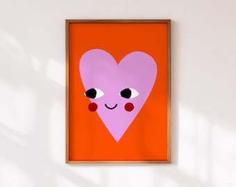 Pink Heart Smiley Face Print, Modern Romantic Love Wall Art Poster (Digital Download)