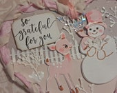sweet snowman with deer mixed media WINTER HEART vintage shabby PINK handmade hanging home decoration