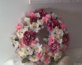 22" PINK ROSES WREATH peonies burgundy white cottage door wall floral decoration