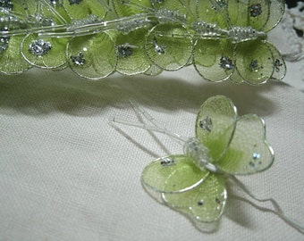 130 light green NYLON BUTTERFLIES sheer glittery 1" wired stems craft supplies