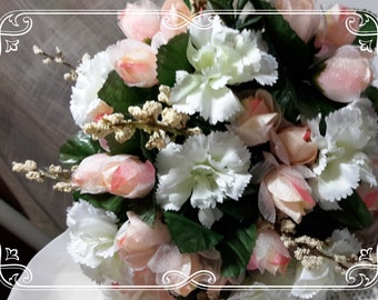 BLUSH PINK wedding BOUQUET rosebuds small size mini carnations silk flowers