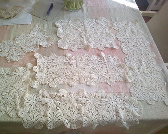 6 CROCHET vintage tablecloth pcs cream cotton handmade cuts into 130 rounds