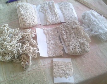 15 yds vintage TRIMMING crocheted cotton white tan 8 different pcs embellishment