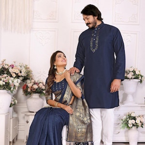 Matching Couple Outfit Purple Kurta Pajama and Banarasi Saree Set for Wedding, Engagement, Festive Wear, Indian Traditional Dress Combo Set