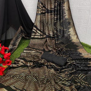 Black Gold Sequin Saree | Party Wear Indian Saree with Blouse | Glamorous Georgette Saree for Wedding, Sangeet, Reception,Bollywood Sequence