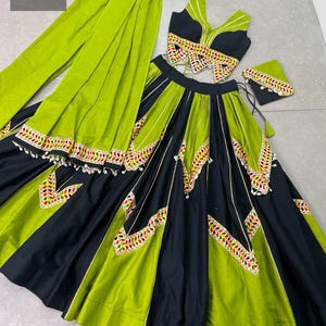 Green and black Navratri Lehenga Choli Set | Garba Chaniya Choli for Women | Traditional Indian Festival Outfit | Mirror Work Dandiya Dress