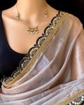 Embroidered Tussar Silk Saree: Golden Tissue Border, Unstitched Blouse