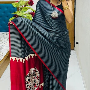 Ajrak Modal Silk Saree | Hand Block Printed Saree | Natural Dye Saree | Traditional Indian Silk Saree | Lightweight Ethnic Saree with blouse