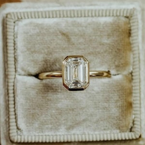 Vintage 2CT Emerald Cut Moissanite Ring: Bezel Set Gold Wedding Promise