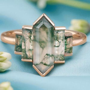 Hexagon Moss Agate Engagement Ring: 14K Rose Gold Art Deco Bridal Ring